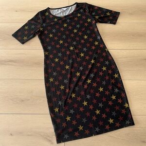 LuLaRoe Julia Fitted Black background & Red, Orange, Yellow, Grey Stars LG Dress